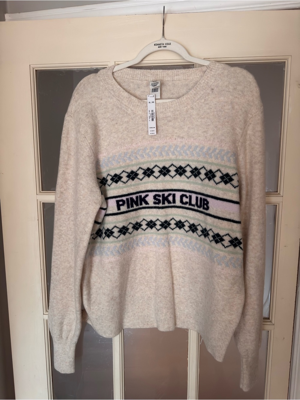 PINK Victoria's Secret Cream 'Pink Ski Club' Knit Sweater with Pastel Accents